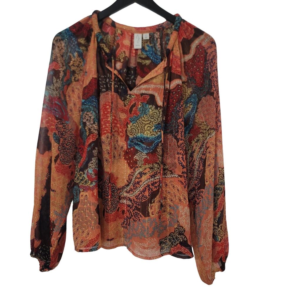 Joie‎ Sheer Blouse Floral Long Sleeve Tie Neck Top Multicolor Maximalism Boho M